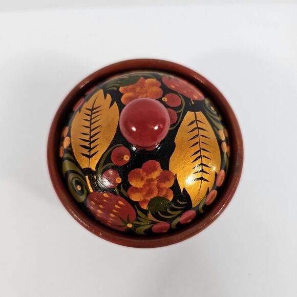 Russian Khokhloma Hand Painted Wooden Small Bowl with Lid, Black & Red Folk Art - Picture 5 of 9